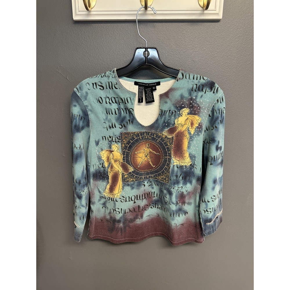 Vtg Michelle Nicole Womens Size L Celestial Beaded Top 3/4 Sleeve Y2K 90s Top